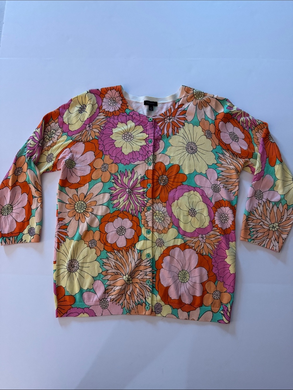 Talbots Floral Button-Front cardigan Sweater Size Medium Women’s 3/4sleeves
